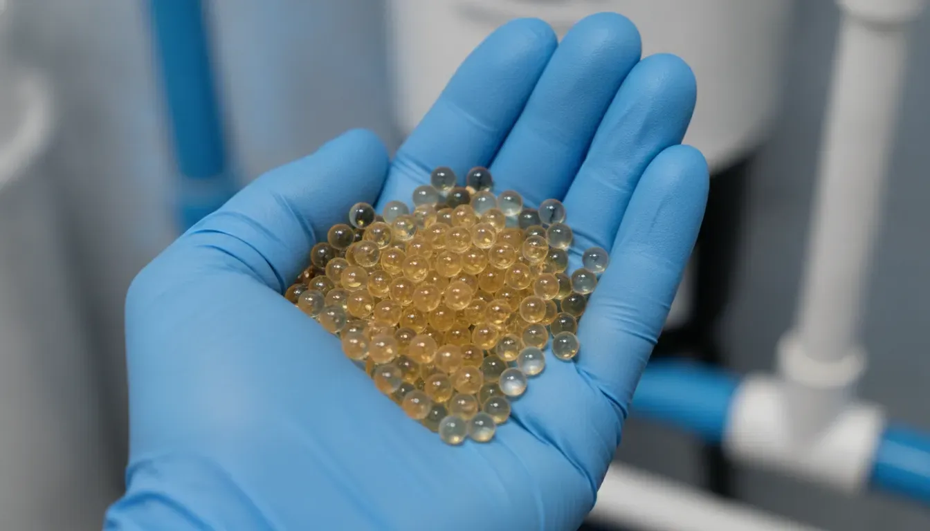 Close-up of clean water softener resin beads in a service technician's gloved hand during maintenance