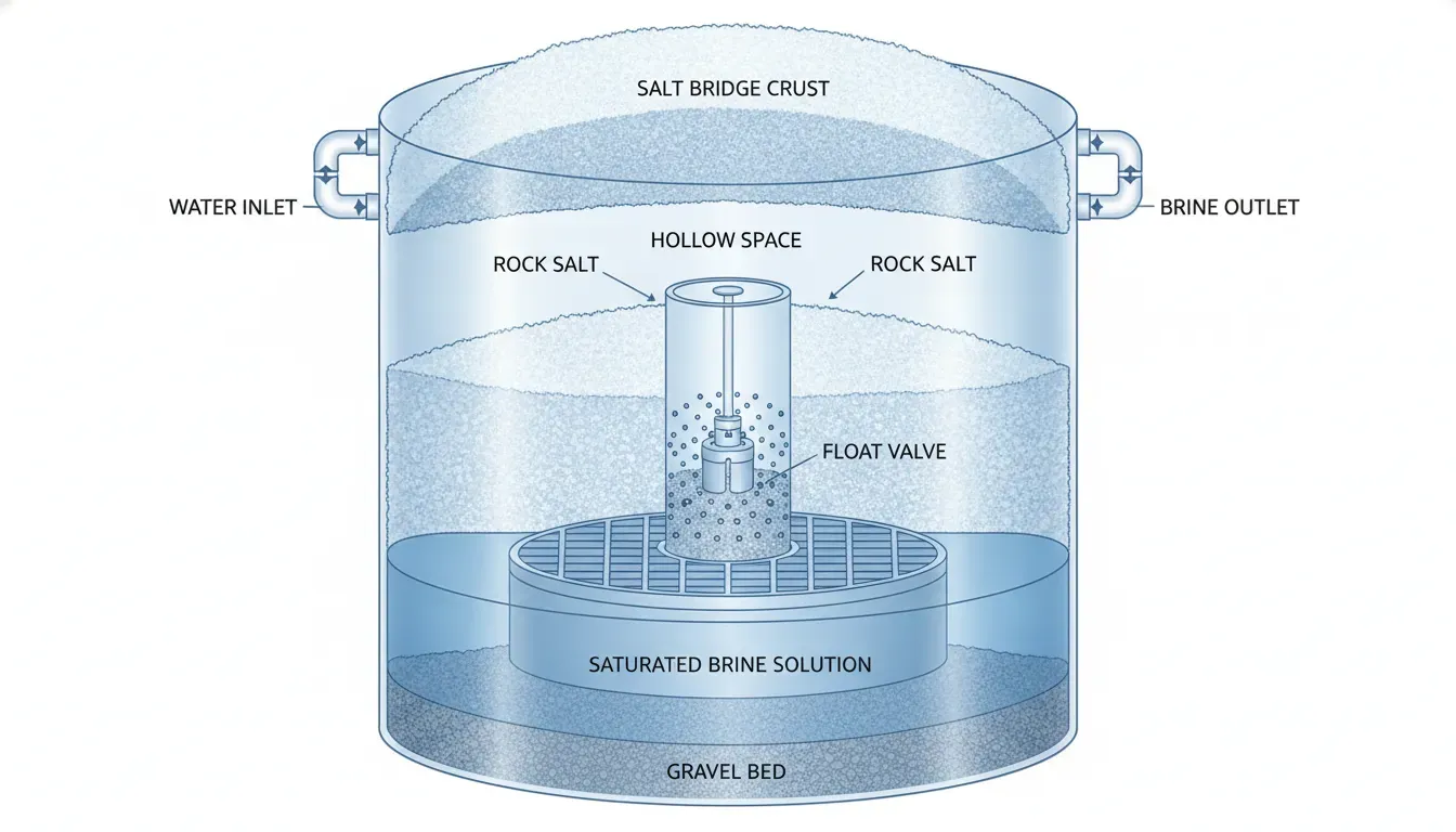 Cross-section illustration of a water softener brine tank showing salt bridge crust formation and how to break it up