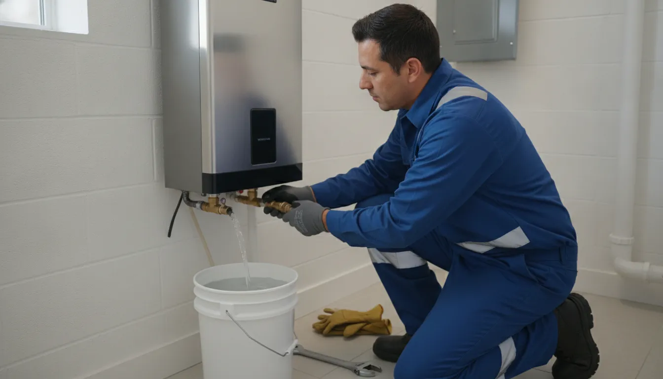 Plumbing technician flushing sediment from a tank-style AO Smith water heater in a Florida home