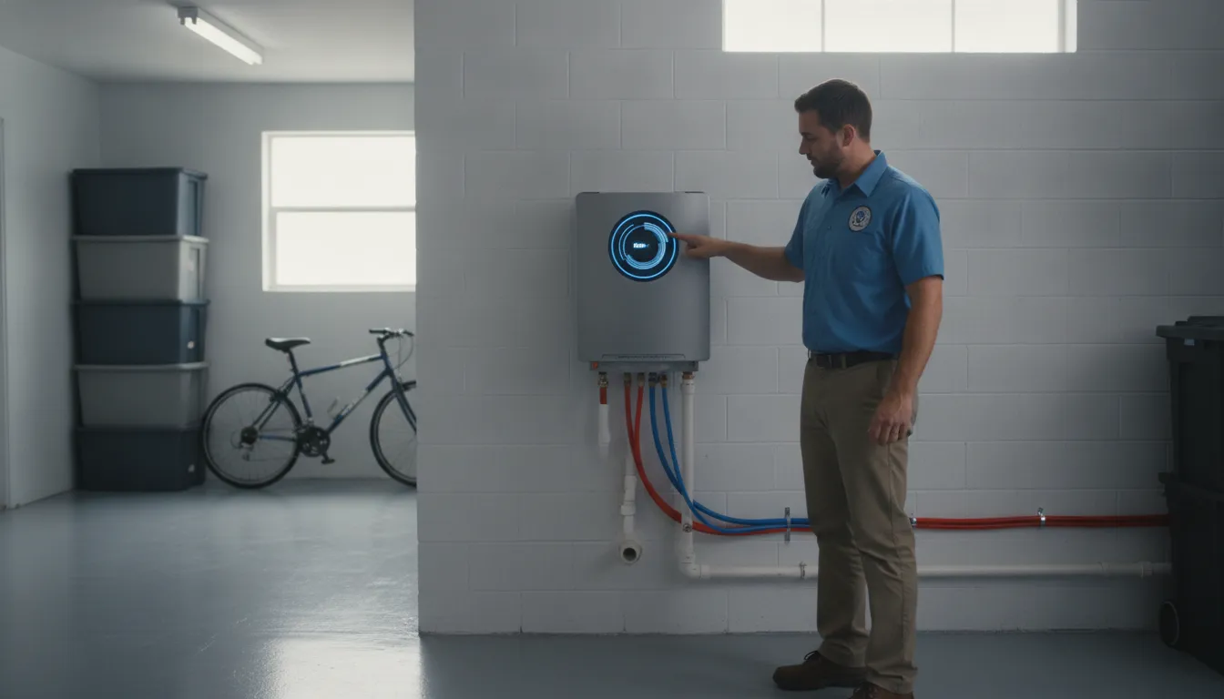 Tankless AO Smith water heater mounted on a garage wall with a plumbing technician inspecting the unit