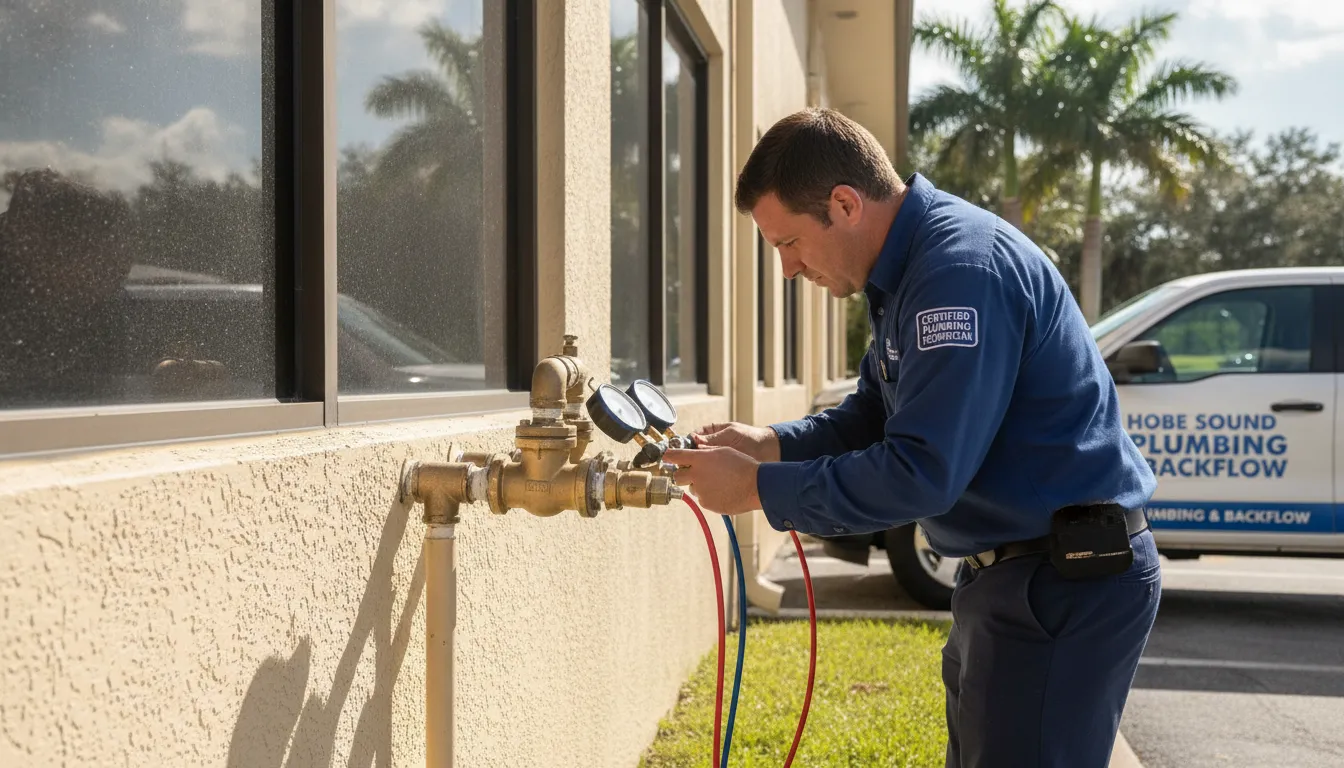 Certified backflow technician inspecting a commercial backflow prevention device with a pressure gauge