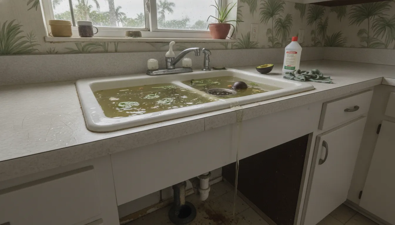 Backed-up kitchen sink with standing water showing signs of a clogged drain emergency