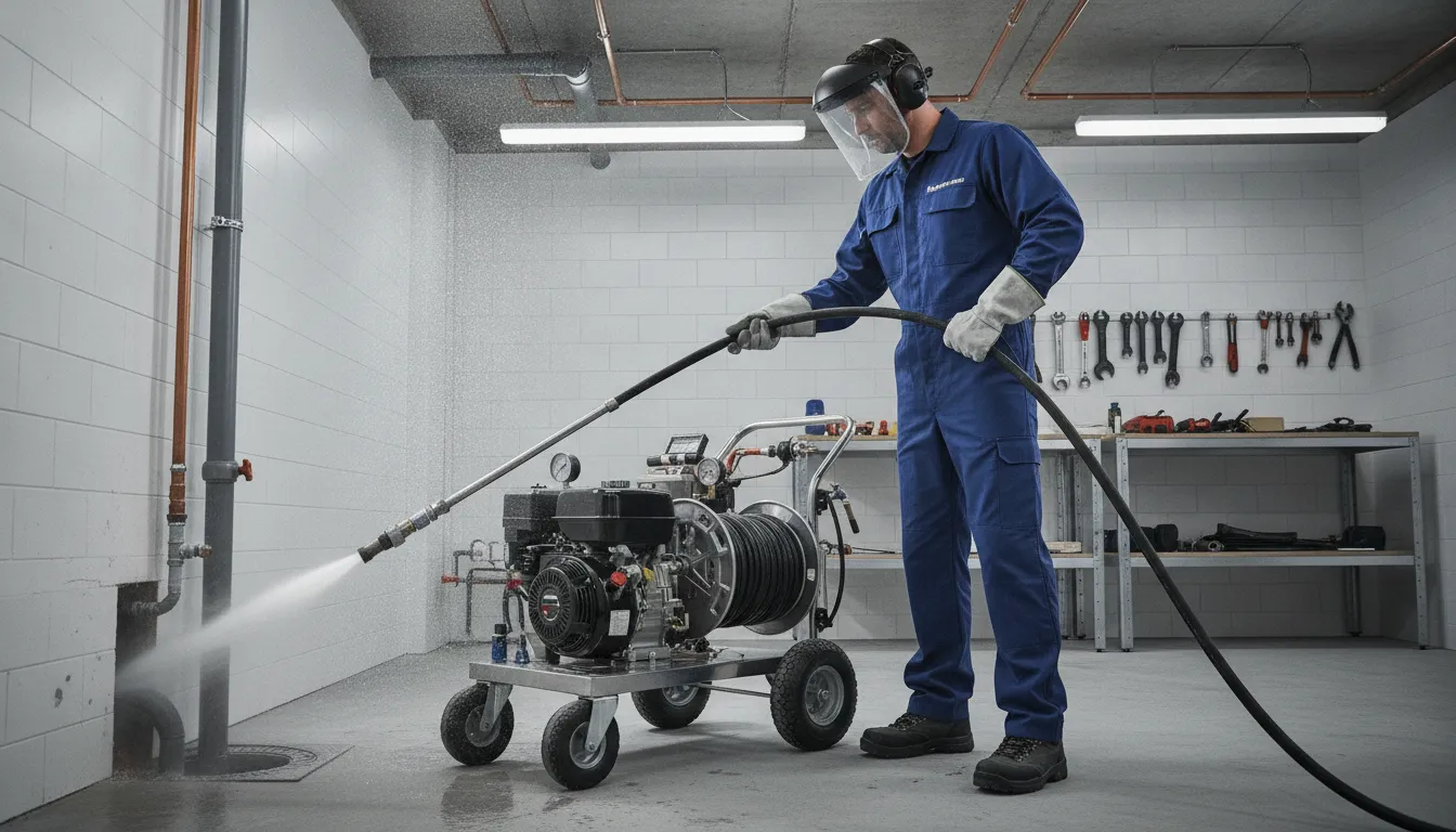 Professional plumber using hydro-jetting equipment to clean residential drain pipes