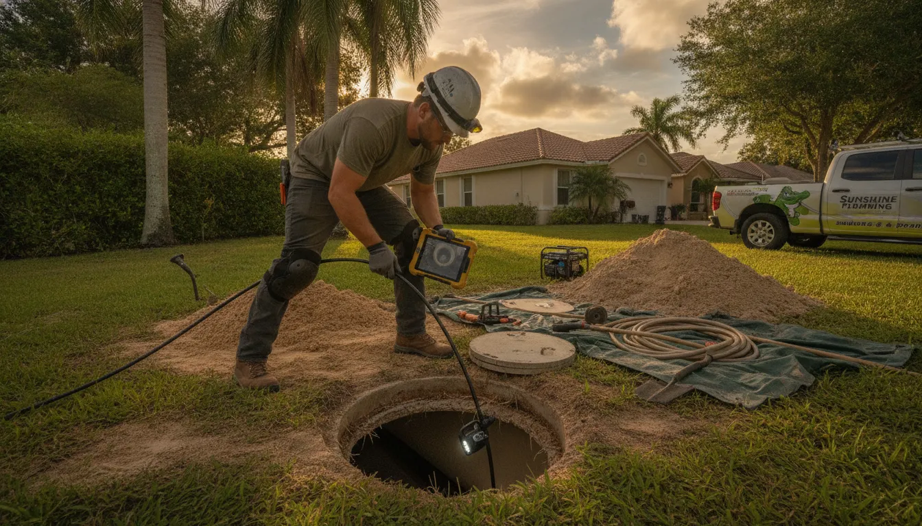 Professional plumber using a sewer camera to inspect underground pipes during a diagnostic inspection