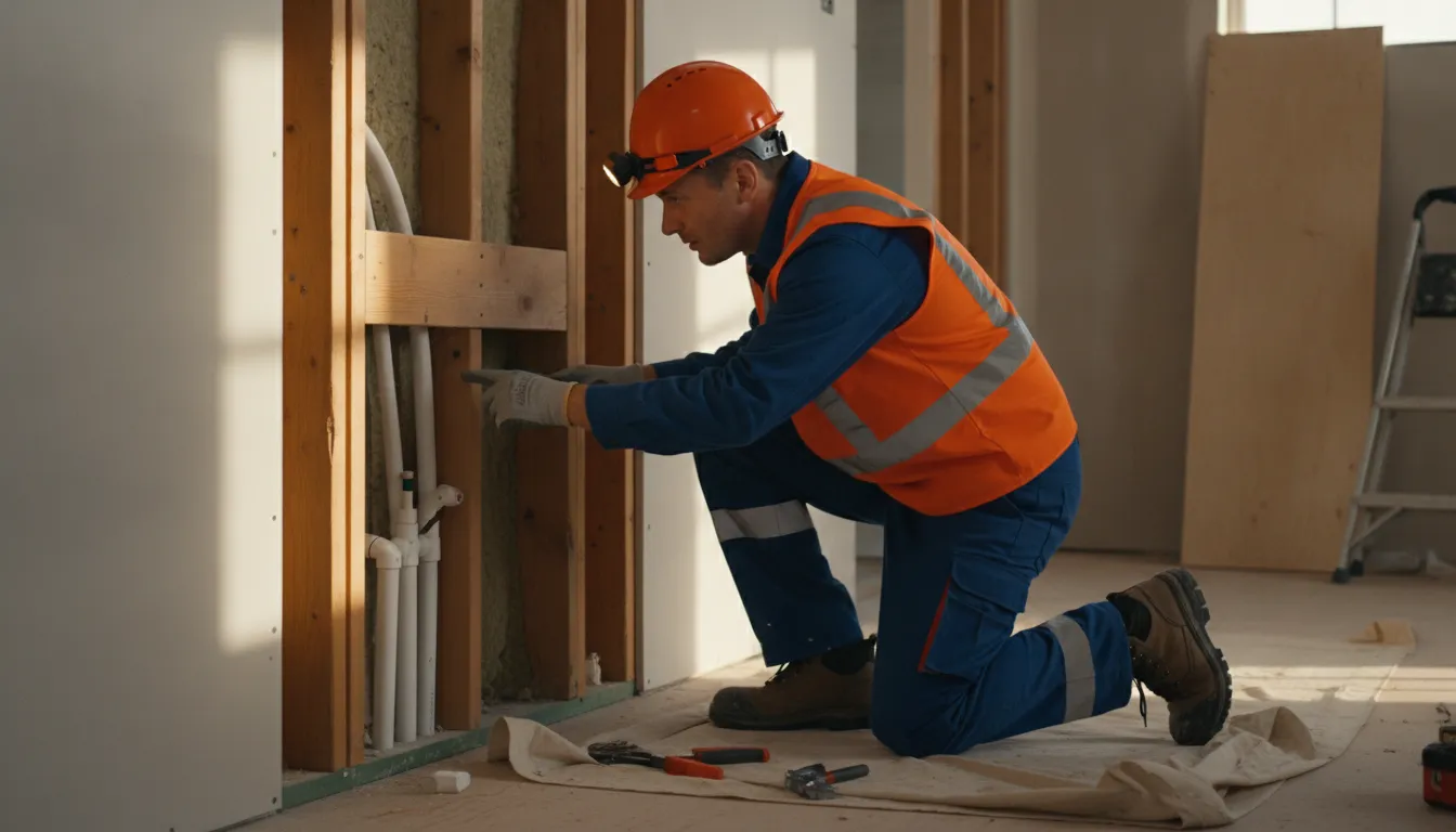 Plumber inspecting supply pipes inside an open residential wall cavity