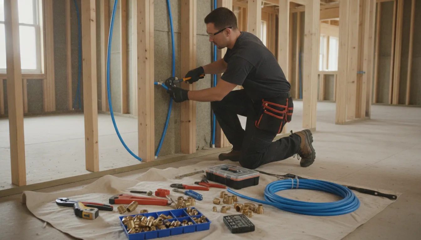 Plumber installing new PEX tubing along interior wall framing