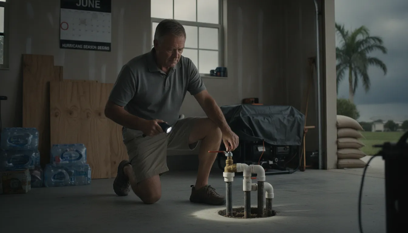 Testing the main water shut-off valve in a Florida garage