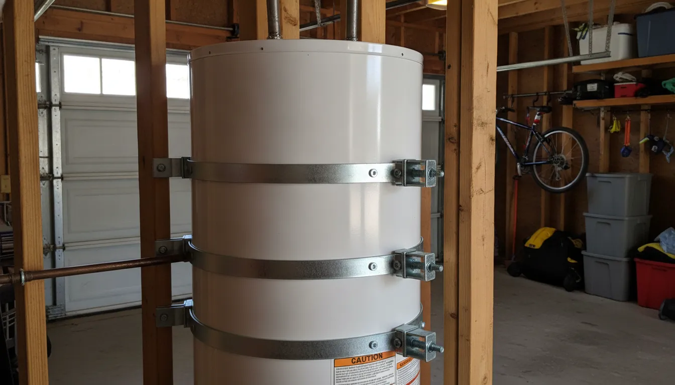 Water heater with hurricane safety straps secured to wall studs