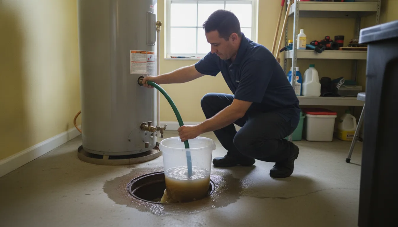 Plumber draining a water heater tank during annual water heater maintenance Florida service